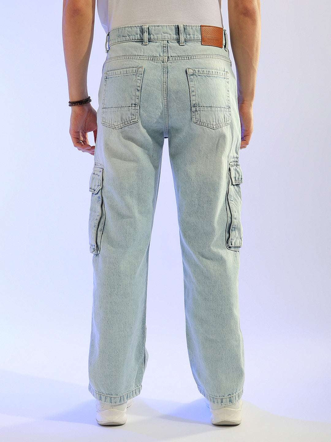 Men's Blue Relaxed Fit Distressed Mid-Rise Cargo Denim