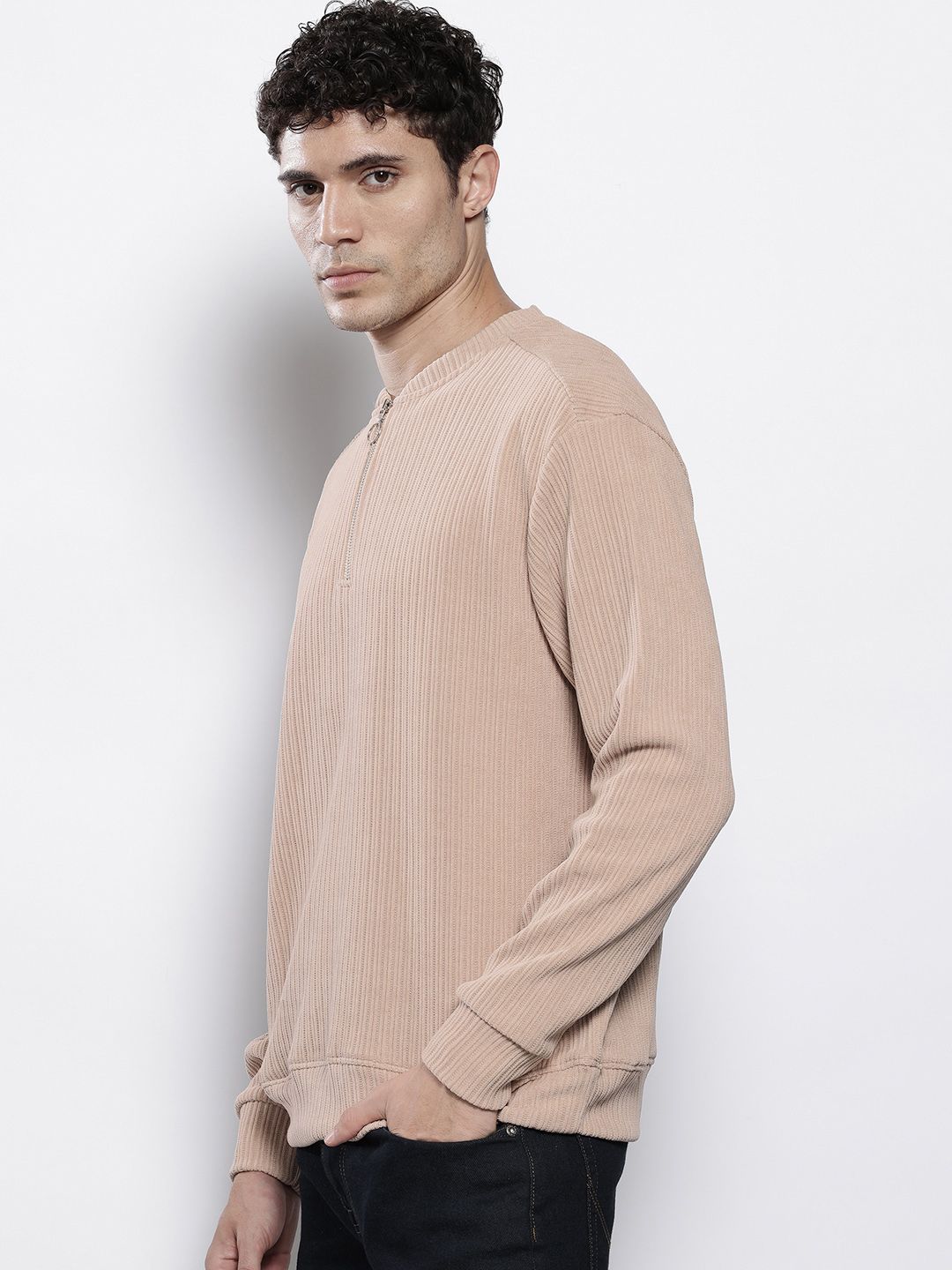 Men's Beige Relaxed Fit Textured Street Sweatshirt