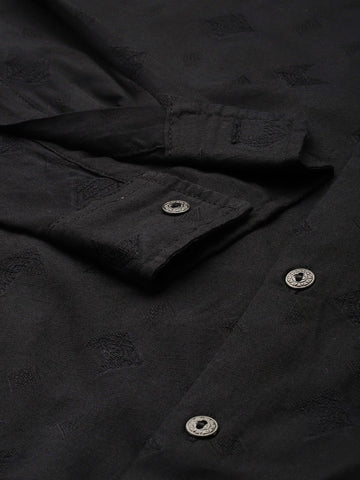 Men's Black Regular Fit Textured Textured Shirt