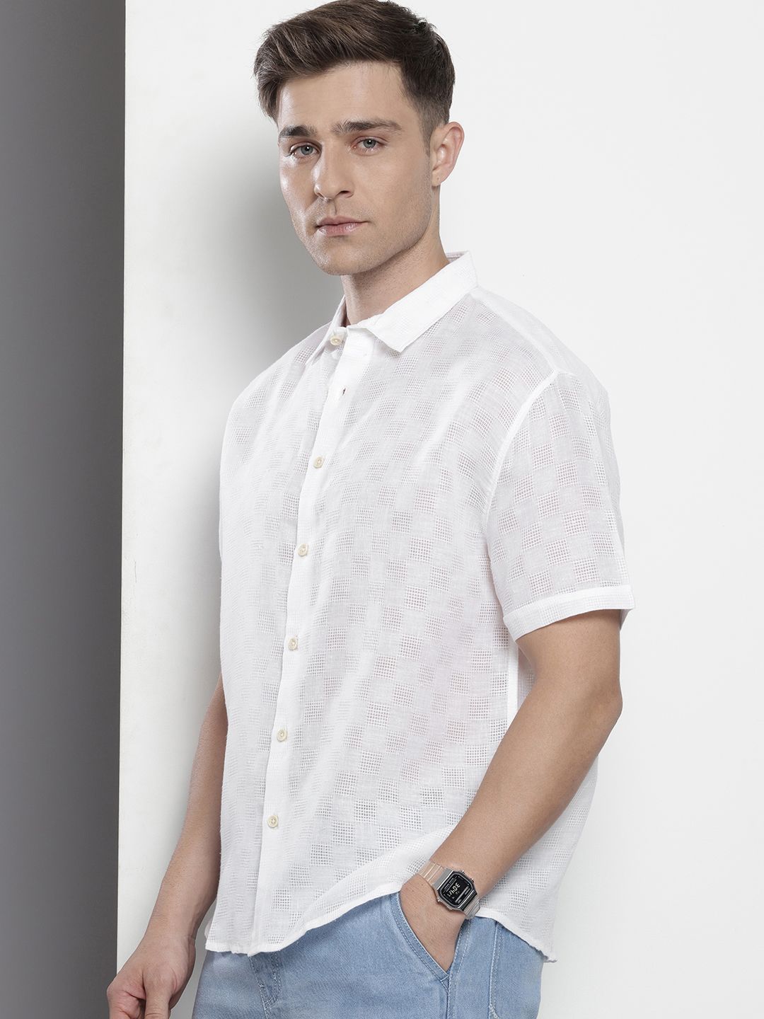 Men's White Relaxed Fit Textured Resort Wear Shirt
