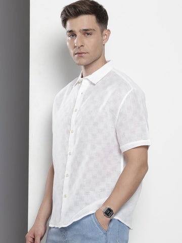 Men's White Relaxed Fit Textured Resort Wear Shirt