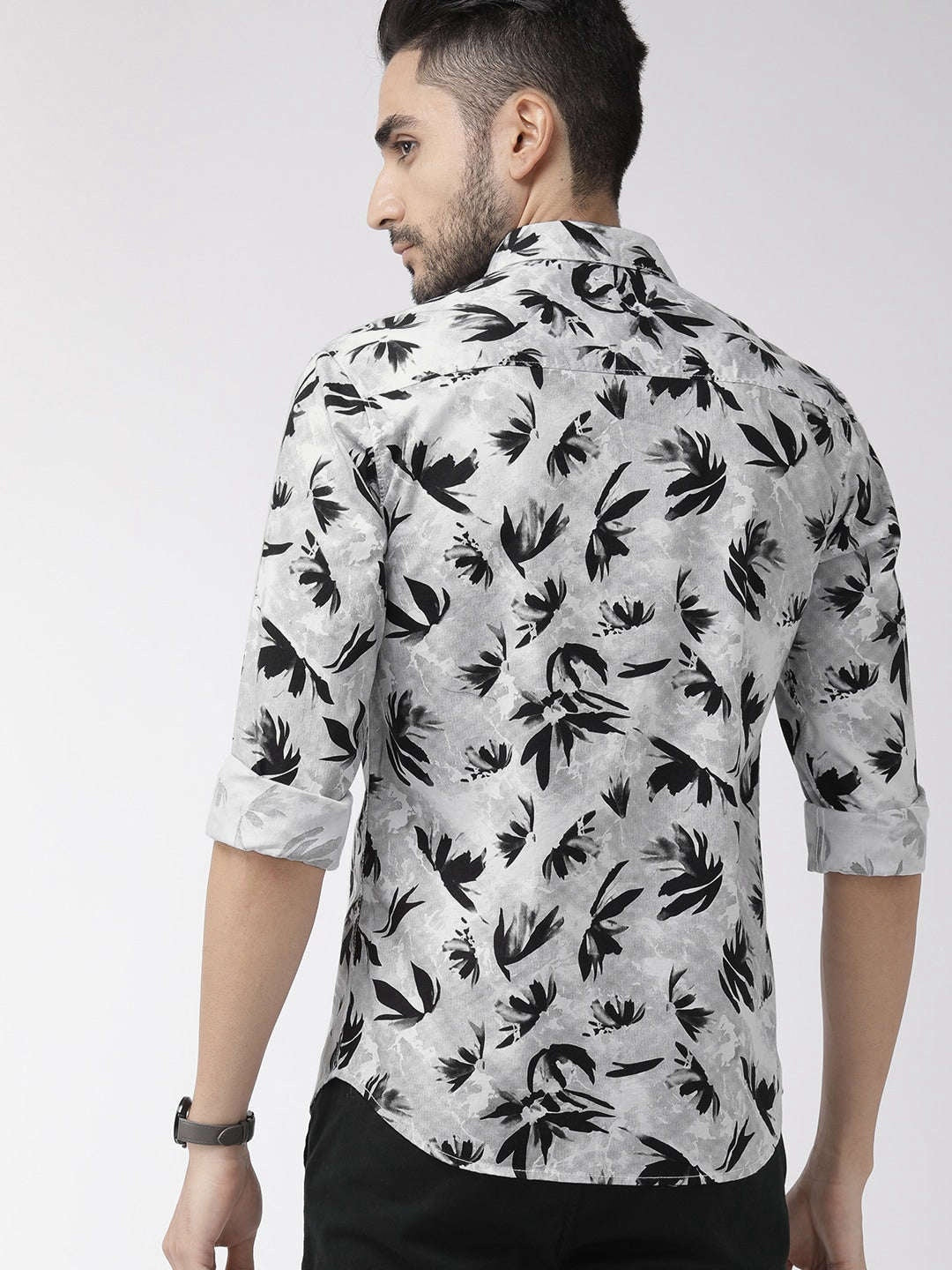 Men's Grey Slim Fit Printed Casual Shirt
