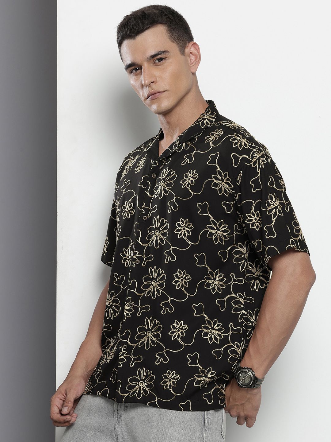 Men's Black Relaxed Fit Textured Resort Wear Shirt