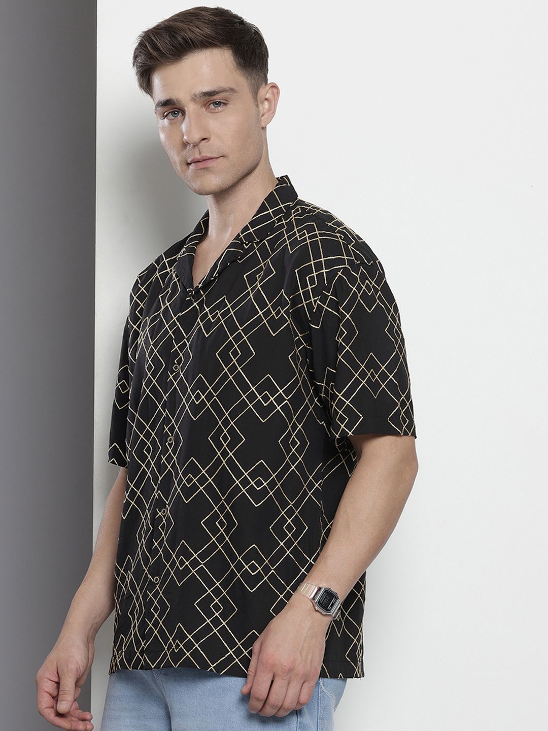 Men's Black Relaxed Fit Textured Resort Wear Shirt