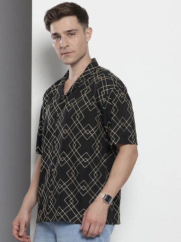 Men's Black Relaxed Fit Textured Resort Wear Shirt