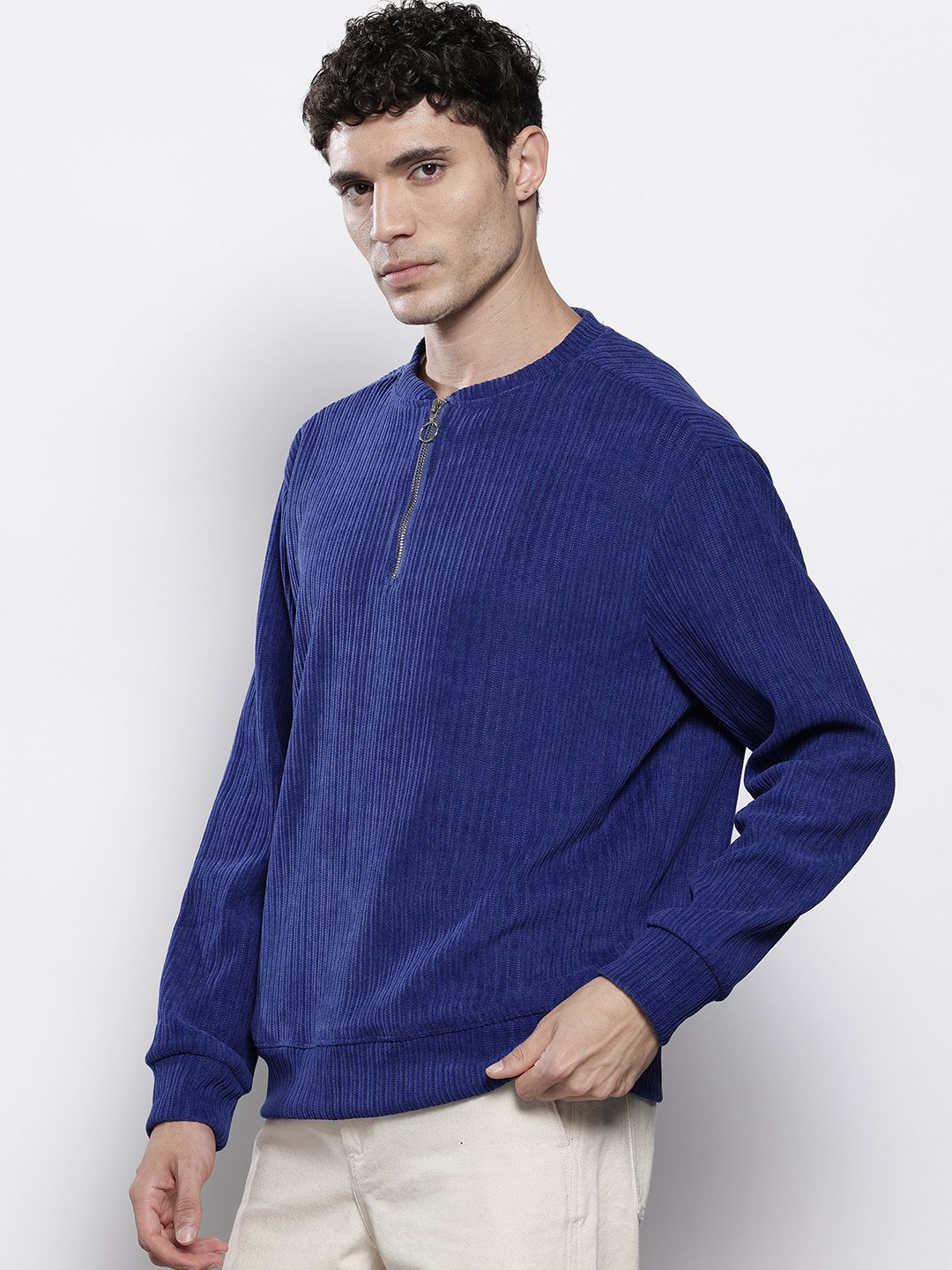 Men's Navy Blue Relaxed Fit Textured Street Sweatshirt
