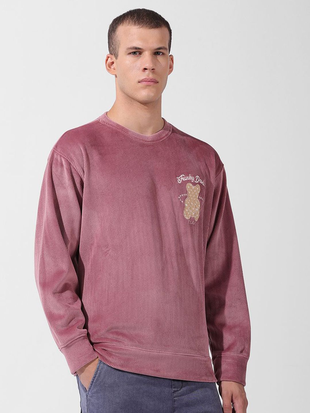 Men's Brown Oversized Fit Textured Casual Sweatshirt
