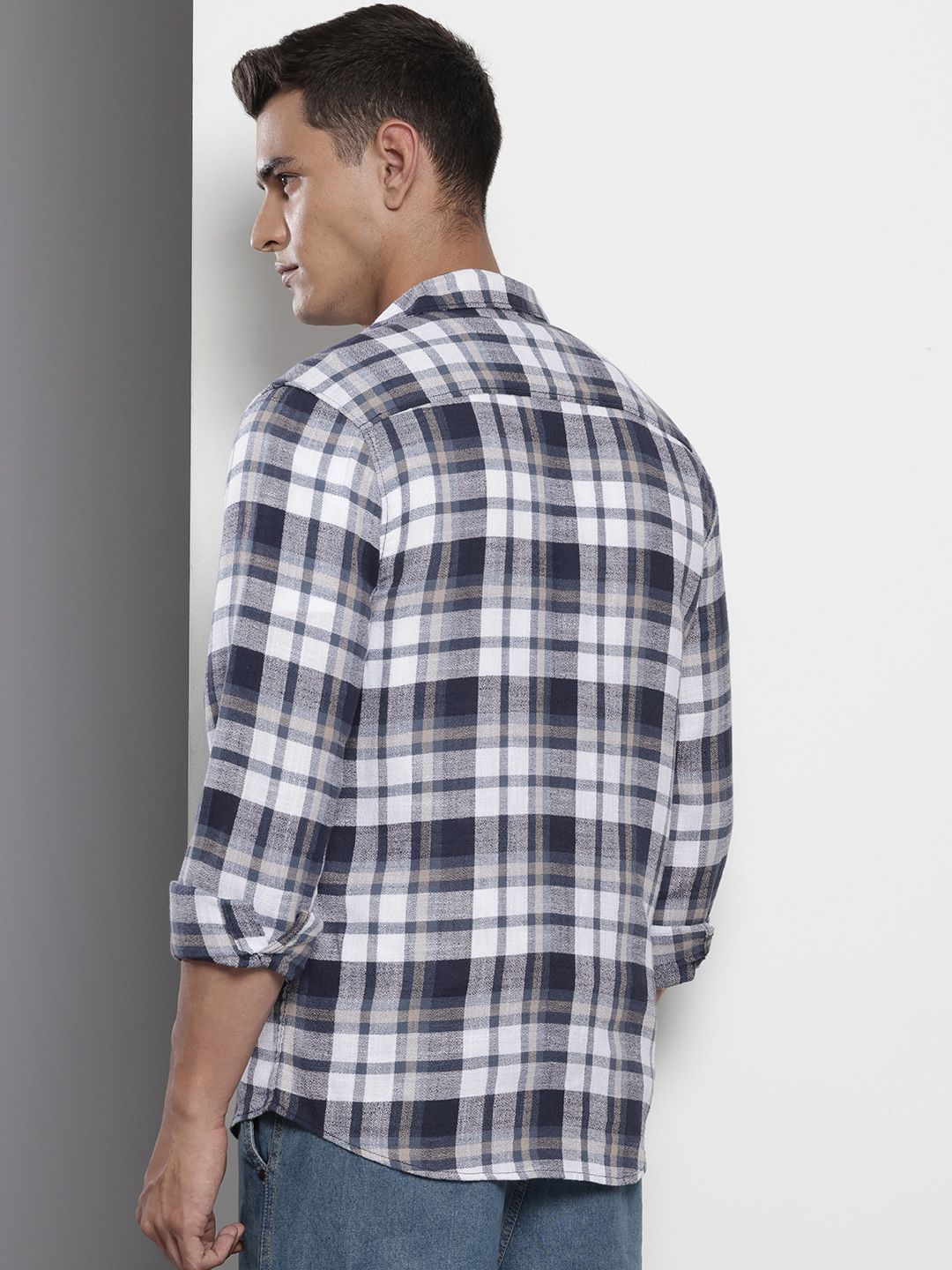Men's Blue Slim Fit Checked Casual Shirt