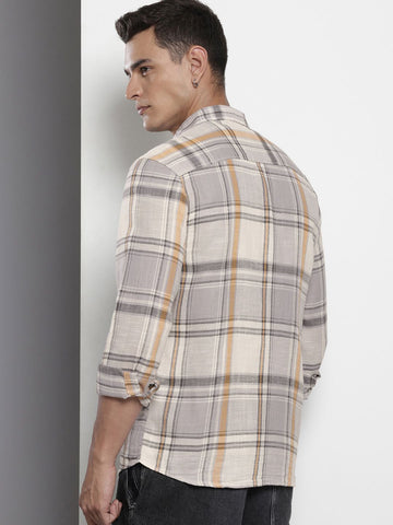 Men's Grey Regular Fit Checked Casual Shirt