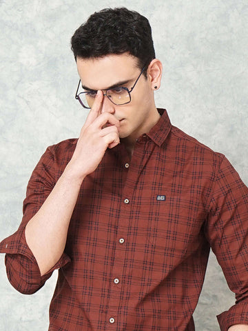 Men's Brown Slim Fit Checkered Casual Shirt