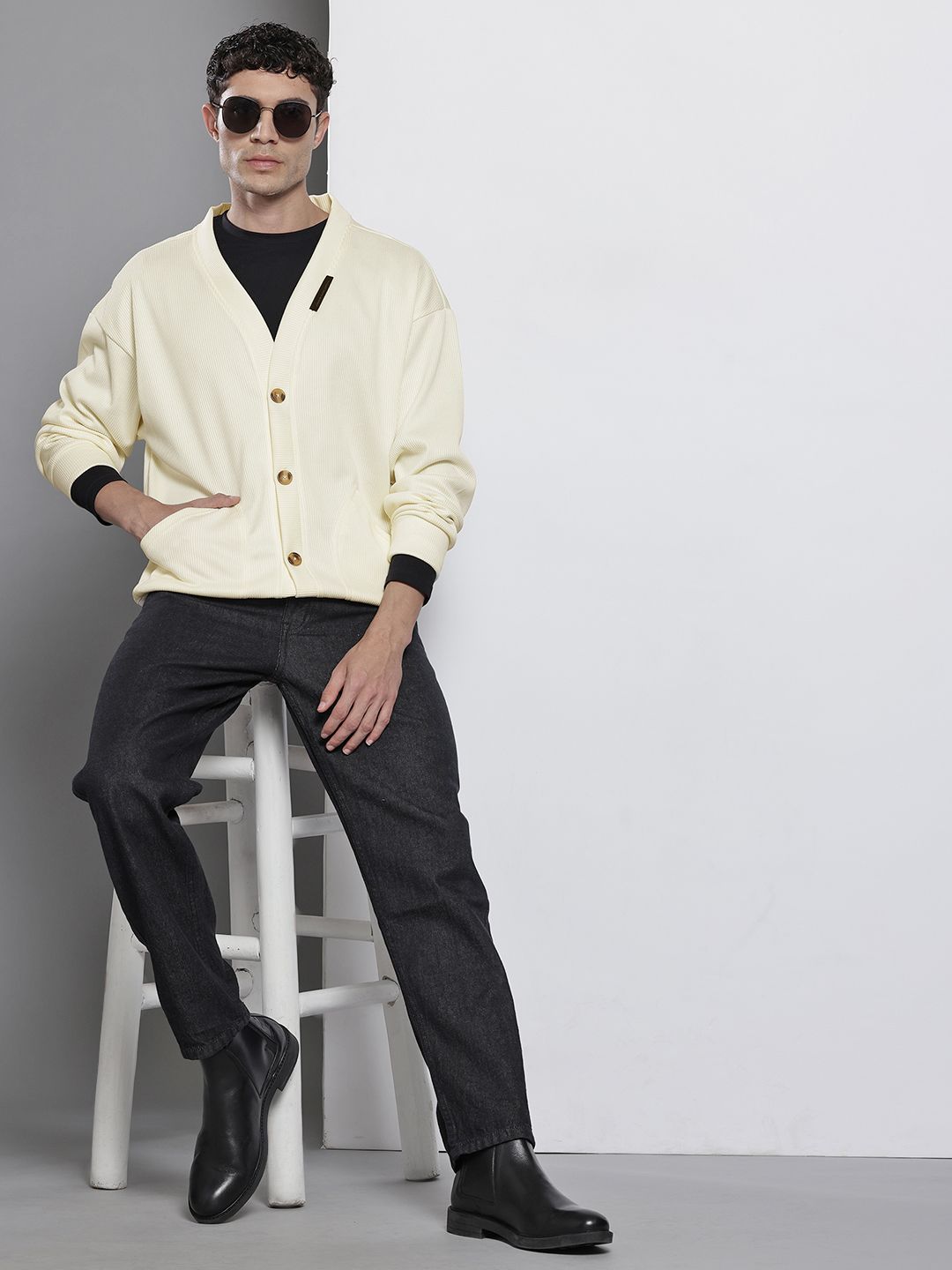 Men's White Oversized Fit Textured Casual Sweatshirt