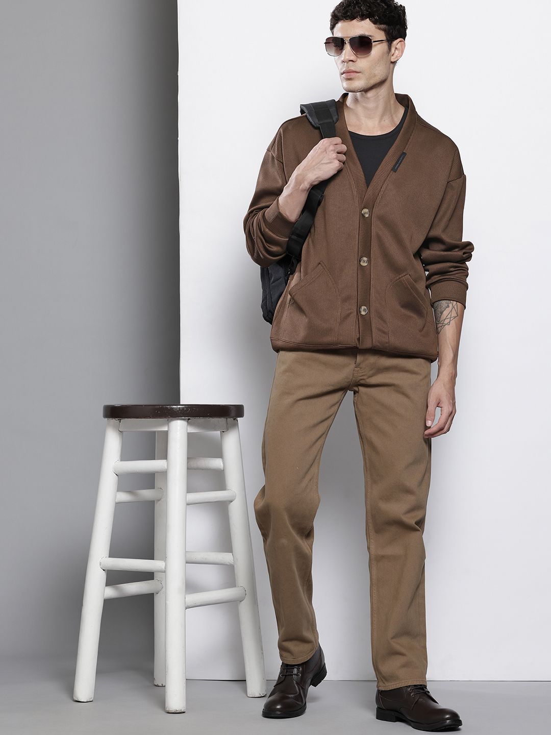 Men's Brown Oversized Fit Textured Casual Sweatshirt