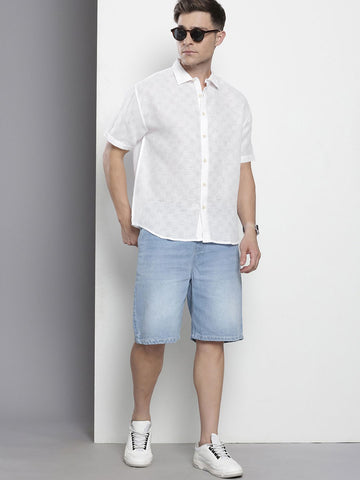 Men's White Relaxed Fit Textured Resort Wear Shirt