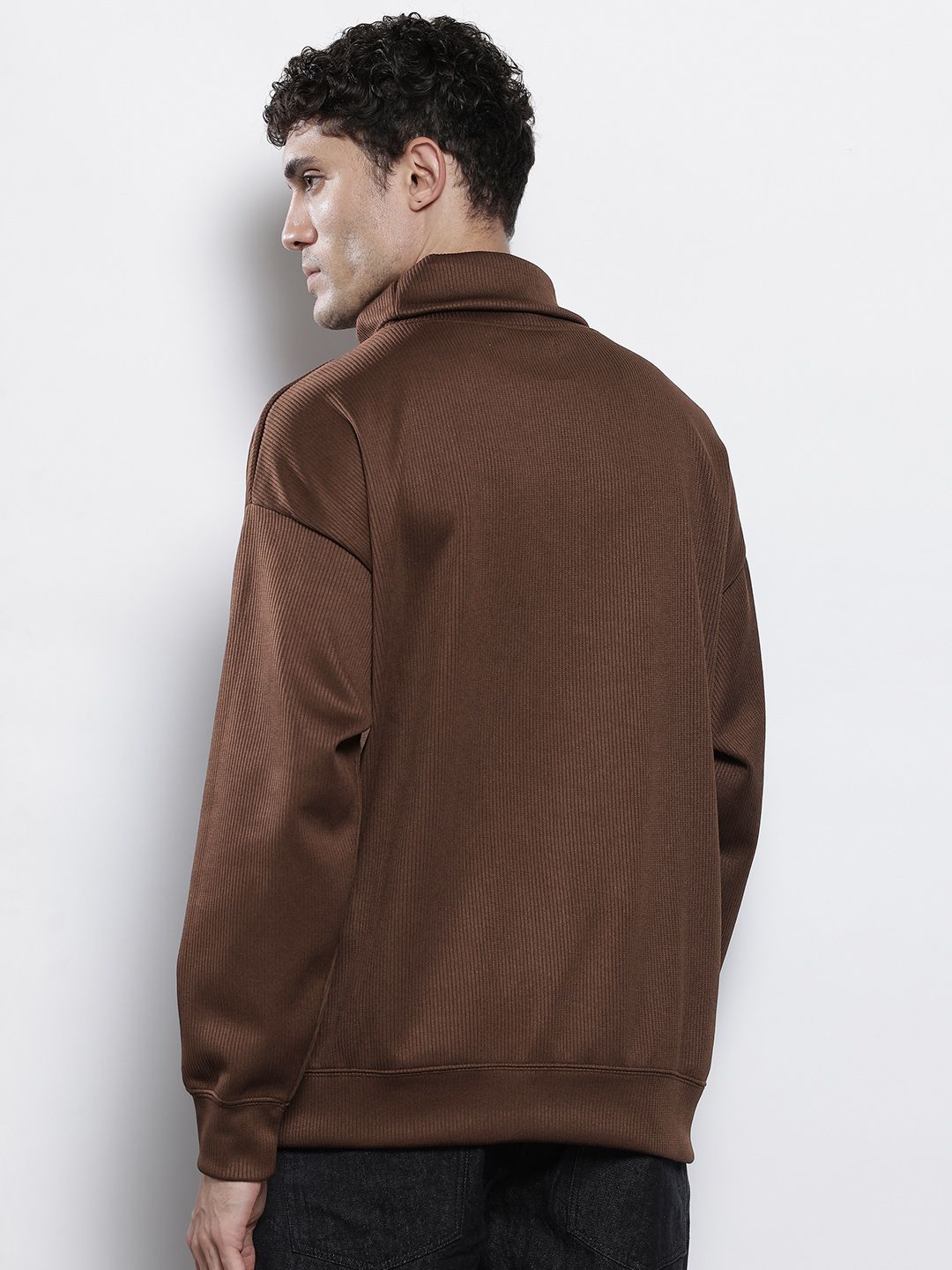 Men's Brown Relaxed Fit Textured Casual Sweatshirt