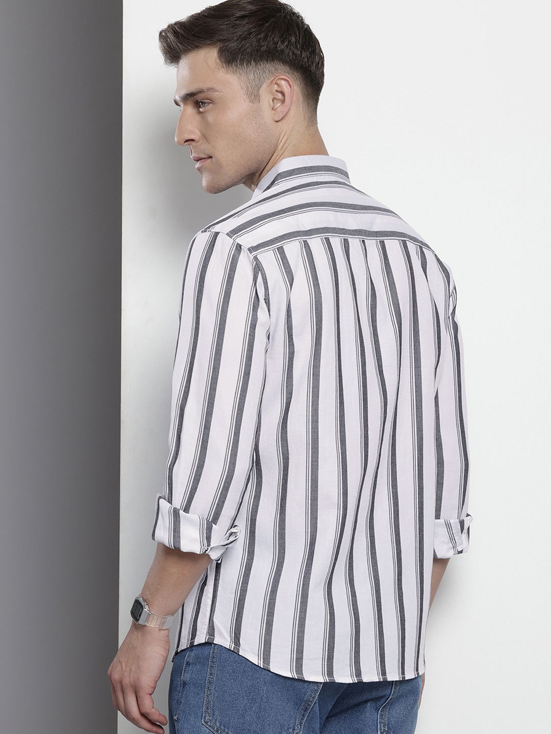 Men's White Slim Fit Striped Casual Shirt