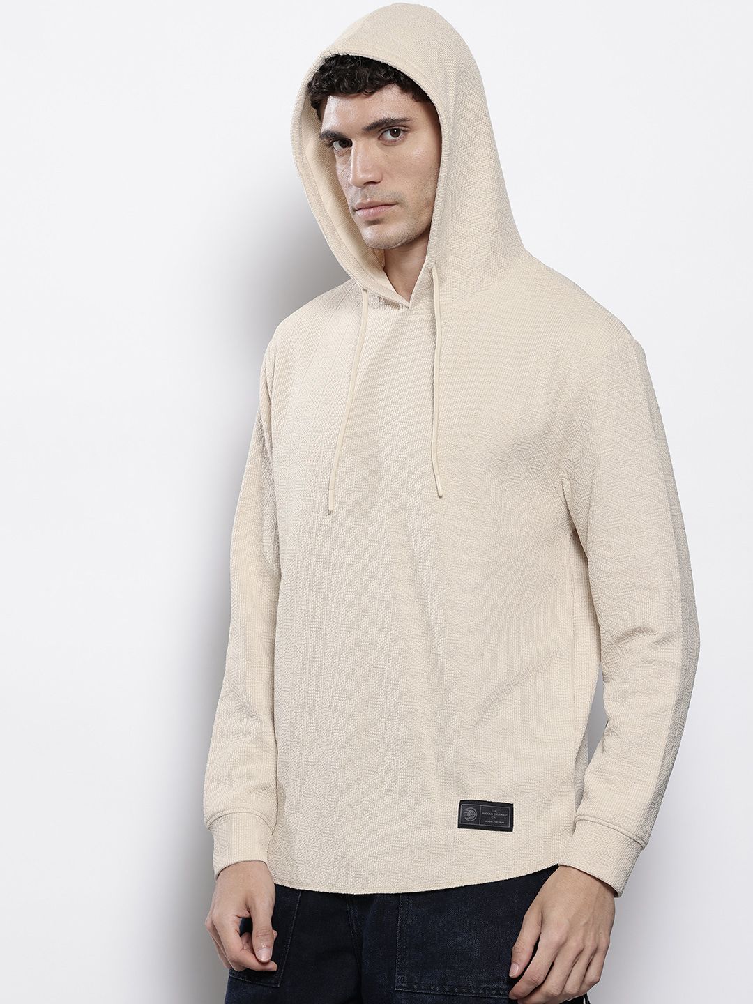 Men's White Regular Fit Textured Hooded T-Shirt