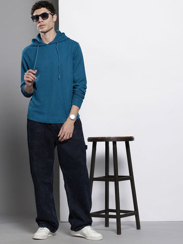 Men's Blue Regular Fit Textured Hooded T-Shirt