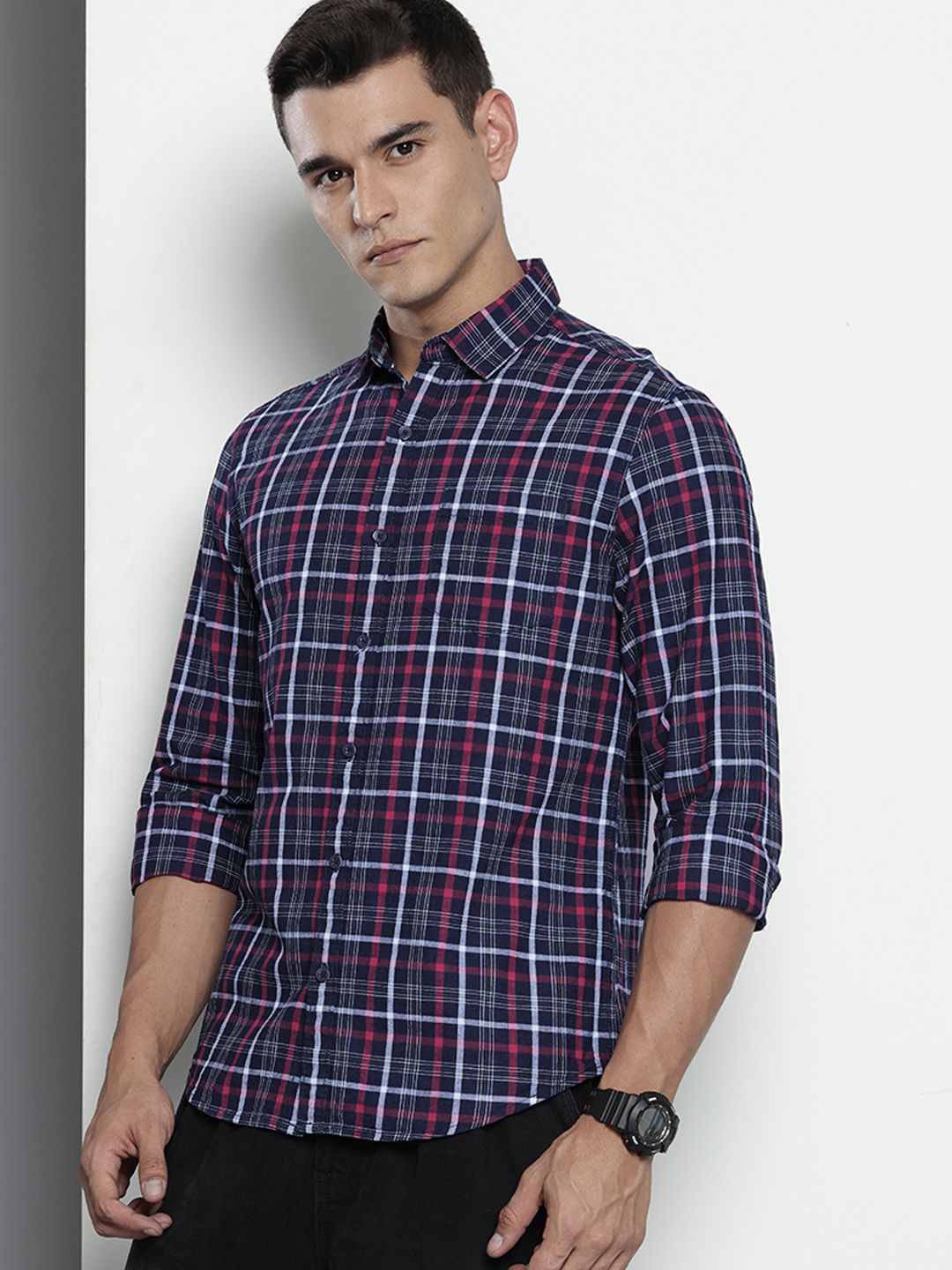 Men's Blue Slim Fit Checked Casual Shirt