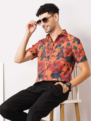Men's Orange Slim Fit Printed Casual Shirt