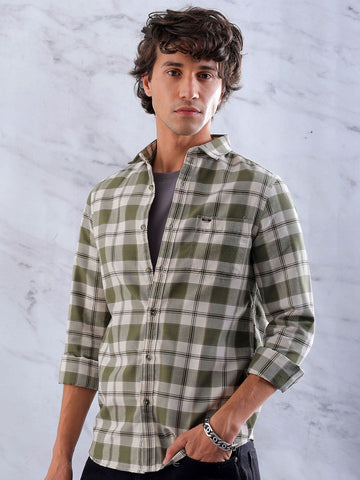 Men's Green Slim Fit Checkered Casual Shirt