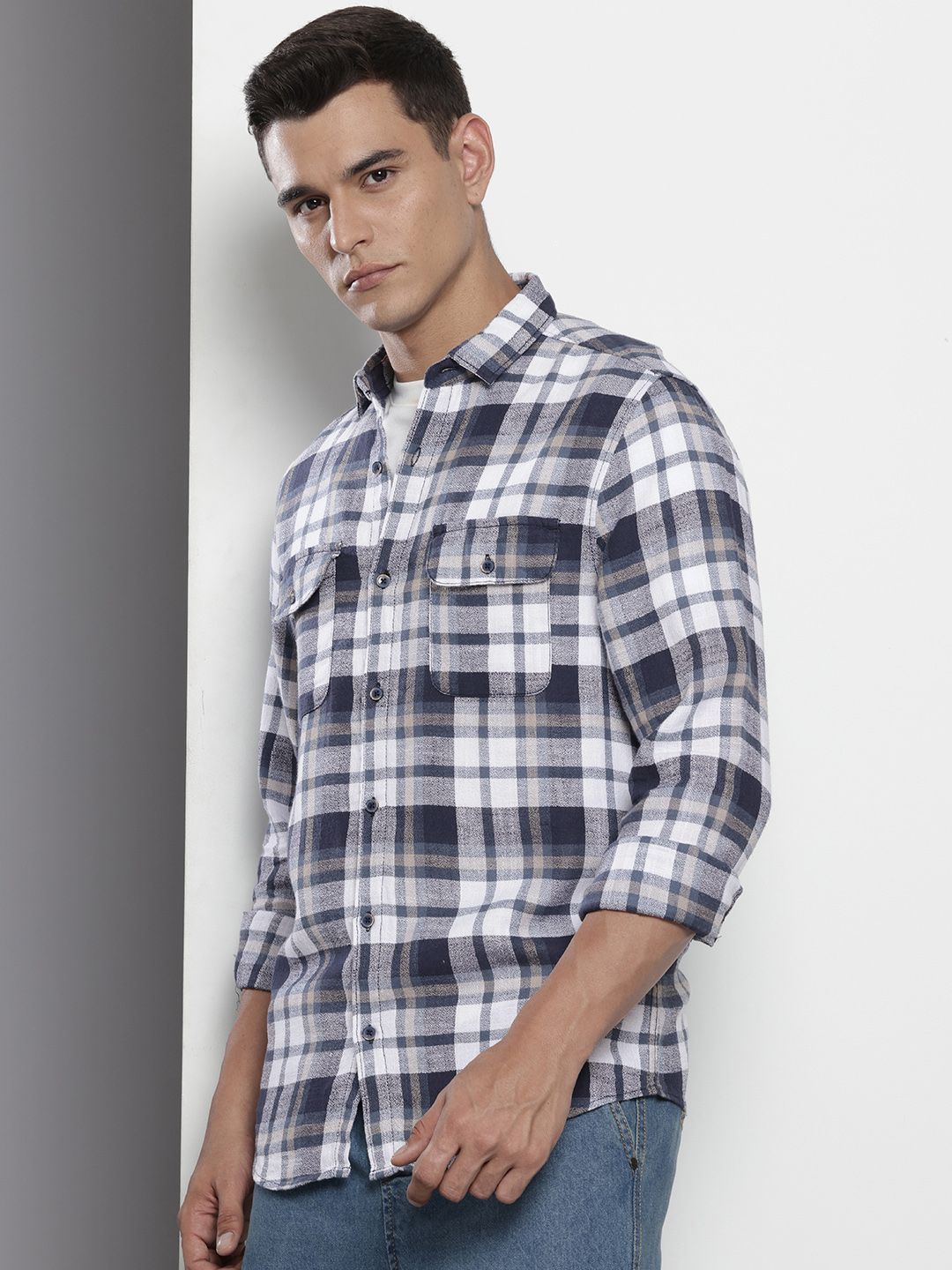 Men's Blue Slim Fit Checked Casual Shirt