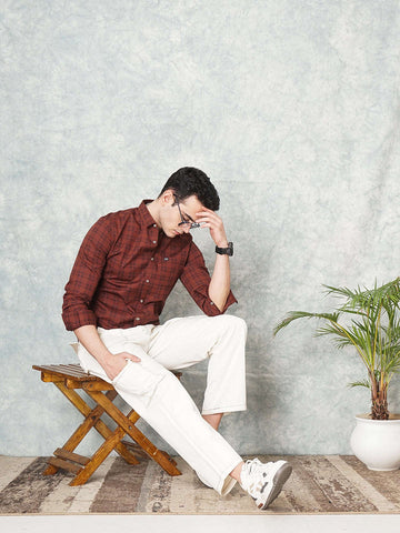 Men's Brown Slim Fit Checkered Casual Shirt