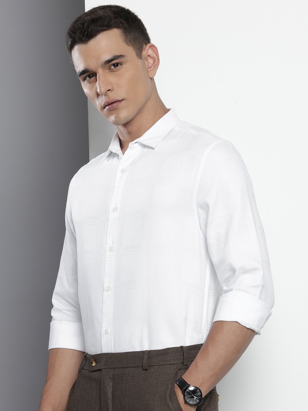 Men's White Slim Fit Textured Party Wear Shirt