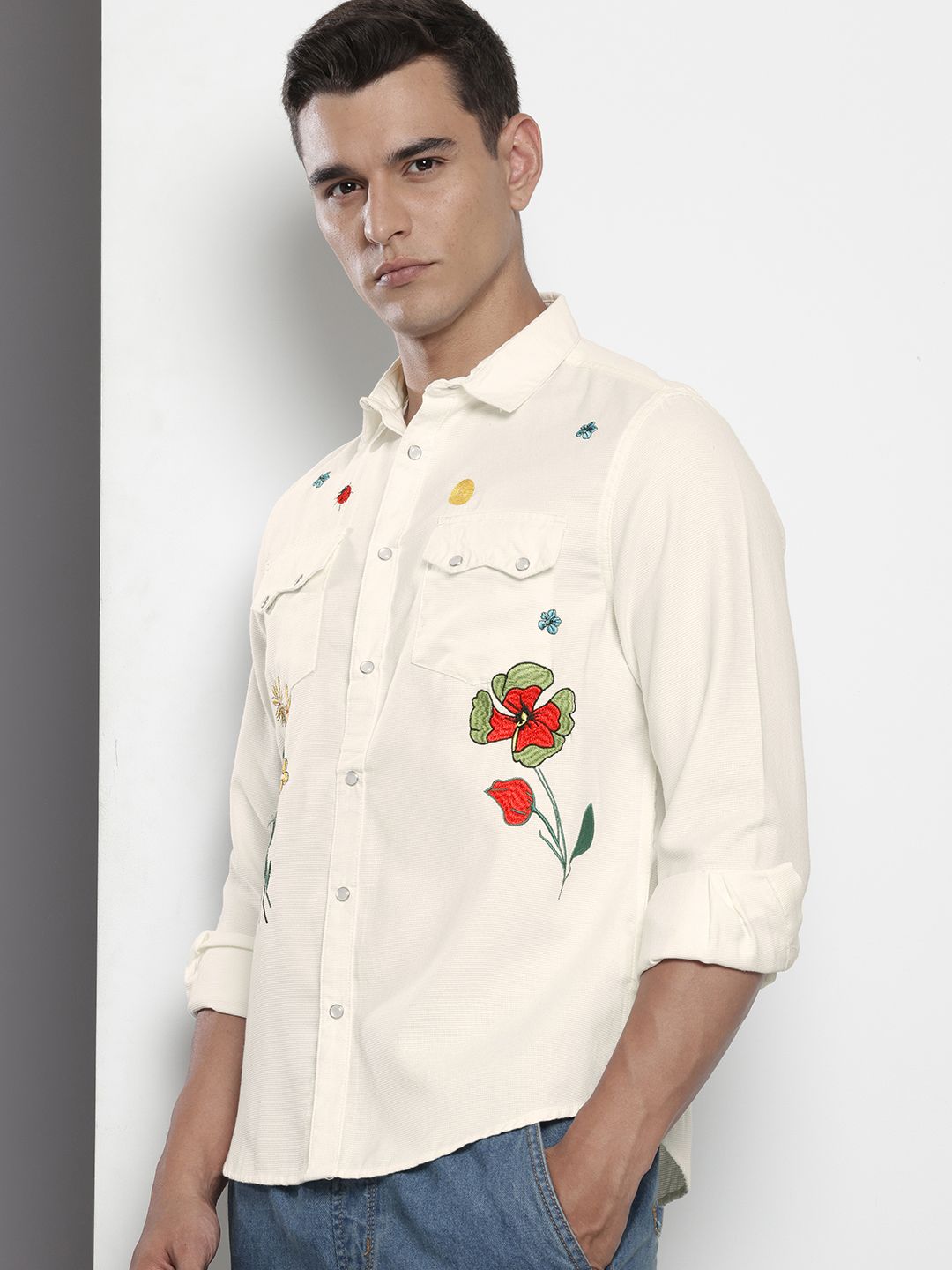Men's Cream Regular Fit Floral Printed Resort Wear Shirt