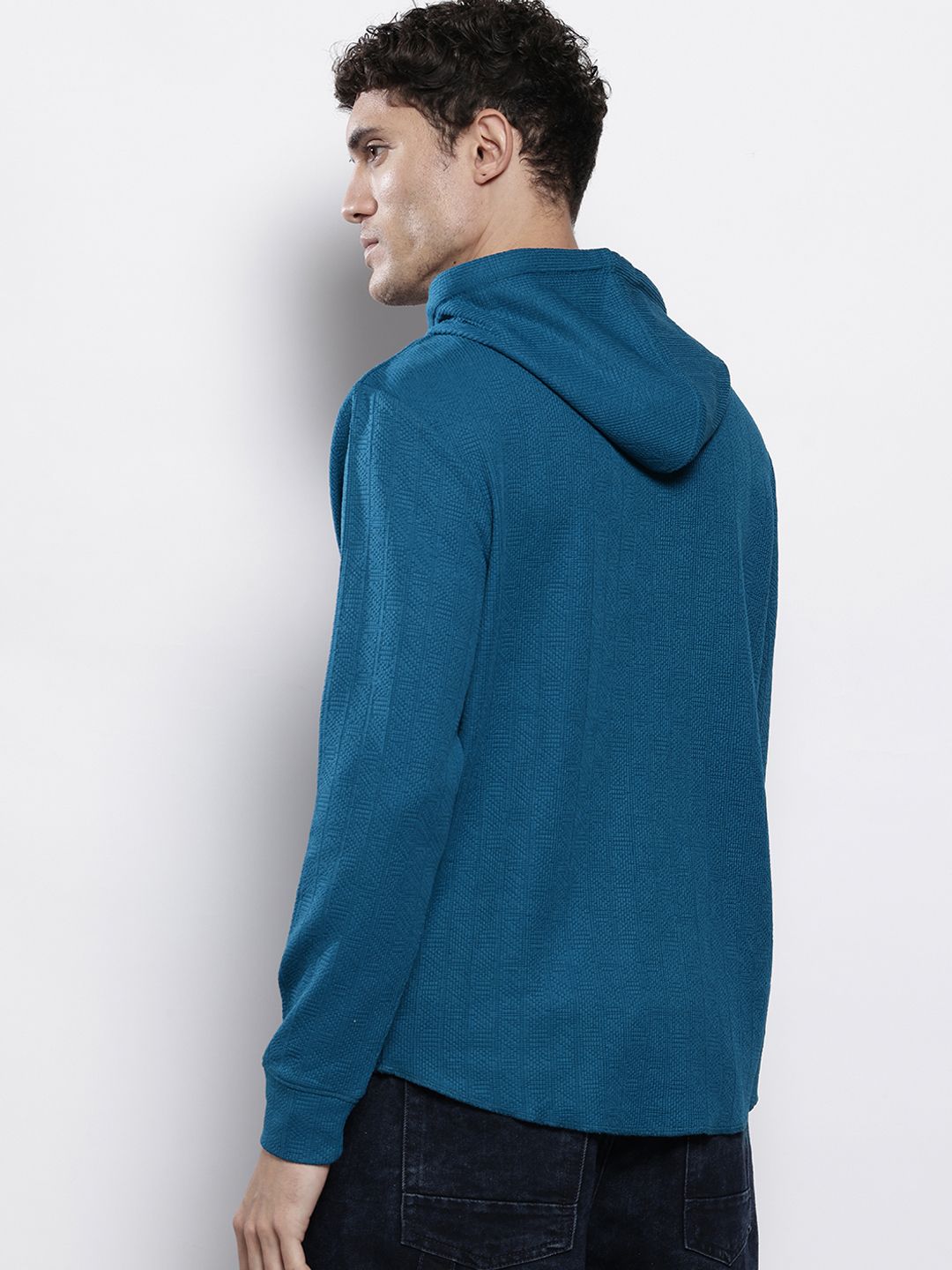 Men's Blue Regular Fit Textured Hooded T-Shirt