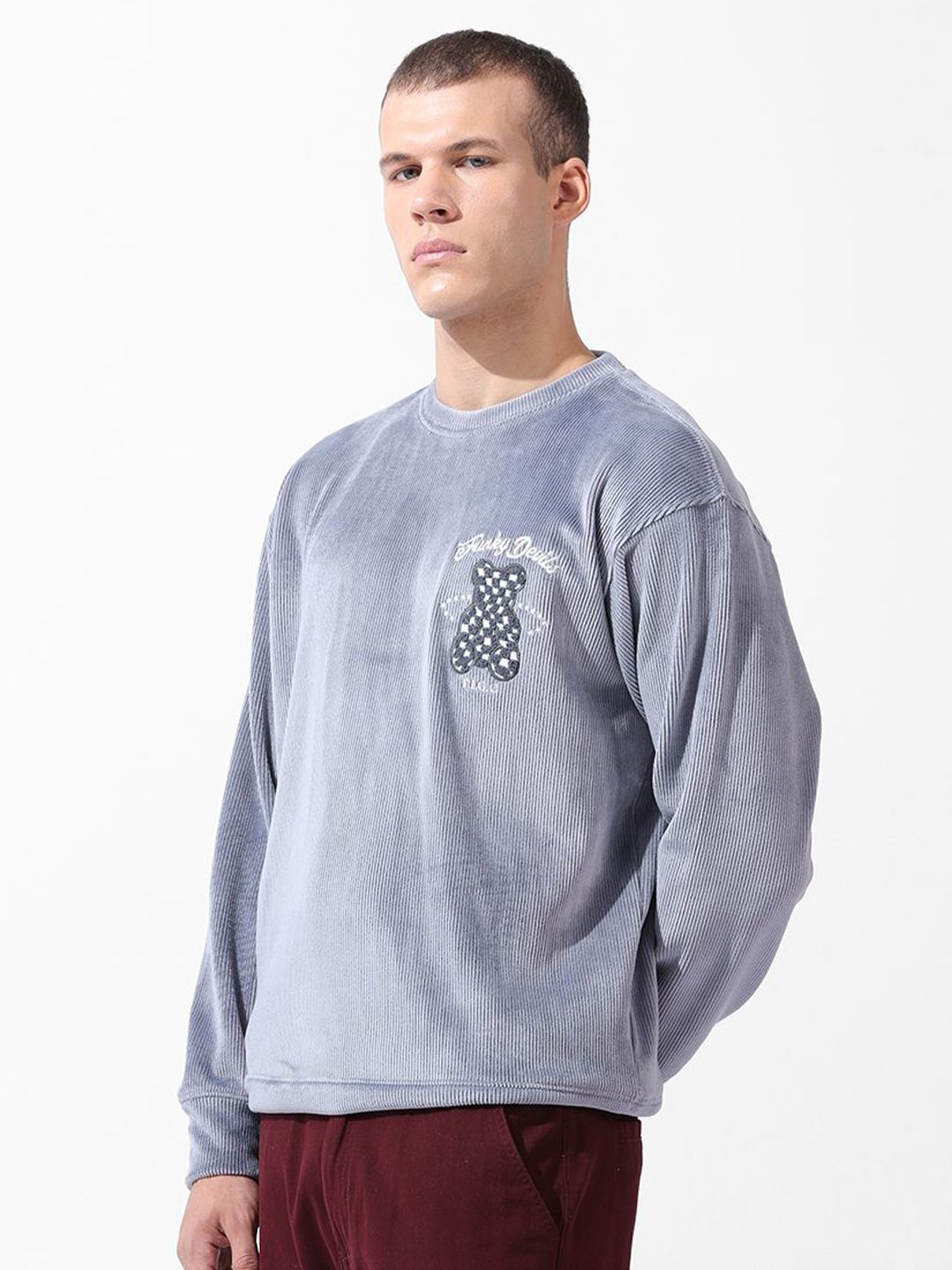 Men's Grey Oversized Fit Textured Casual Sweatshirt