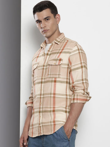 Men's Beige Slim Fit Checked Casual Shirt