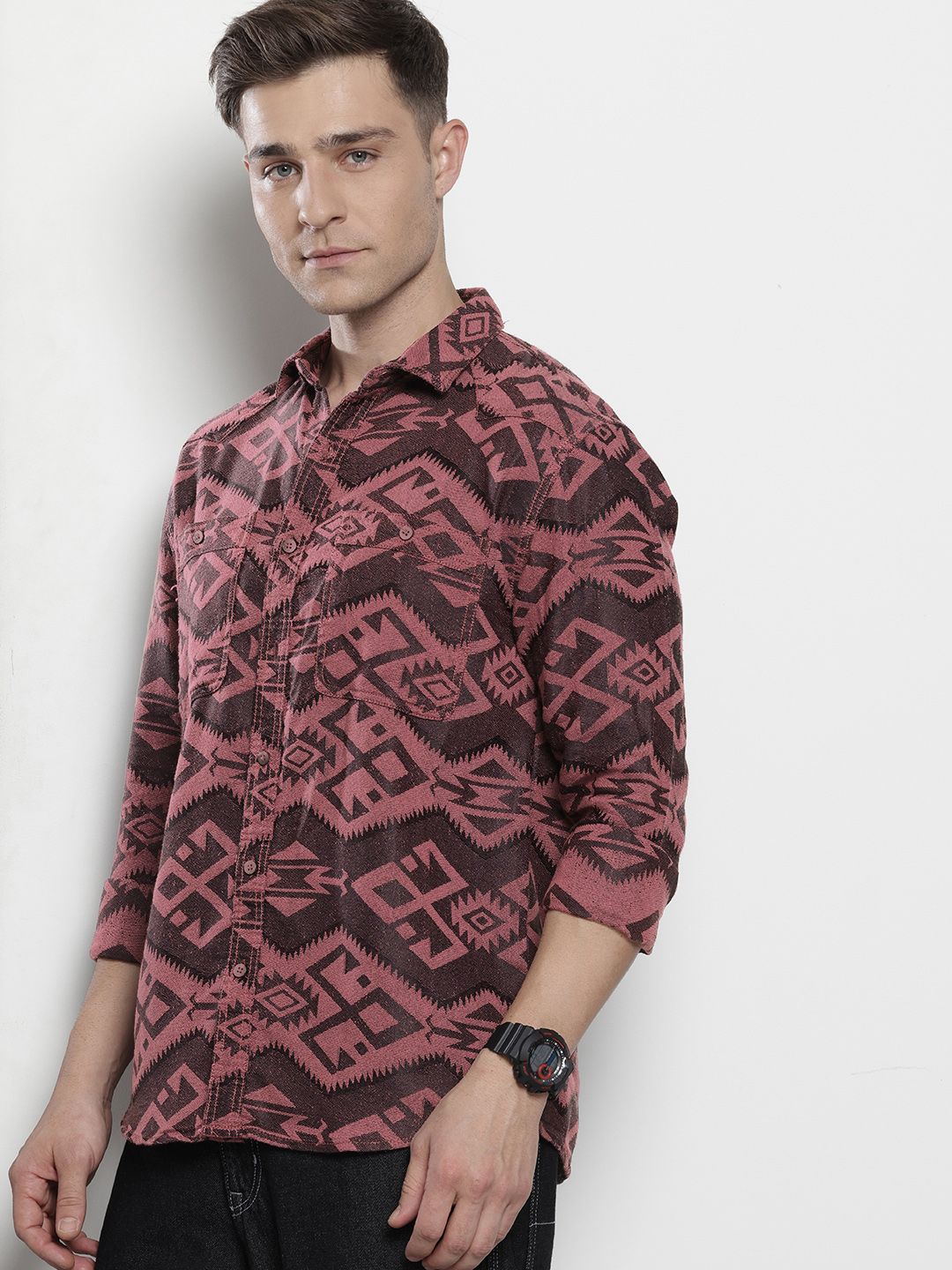 Men's Pink Relaxed Fit Textured Casual Shirt