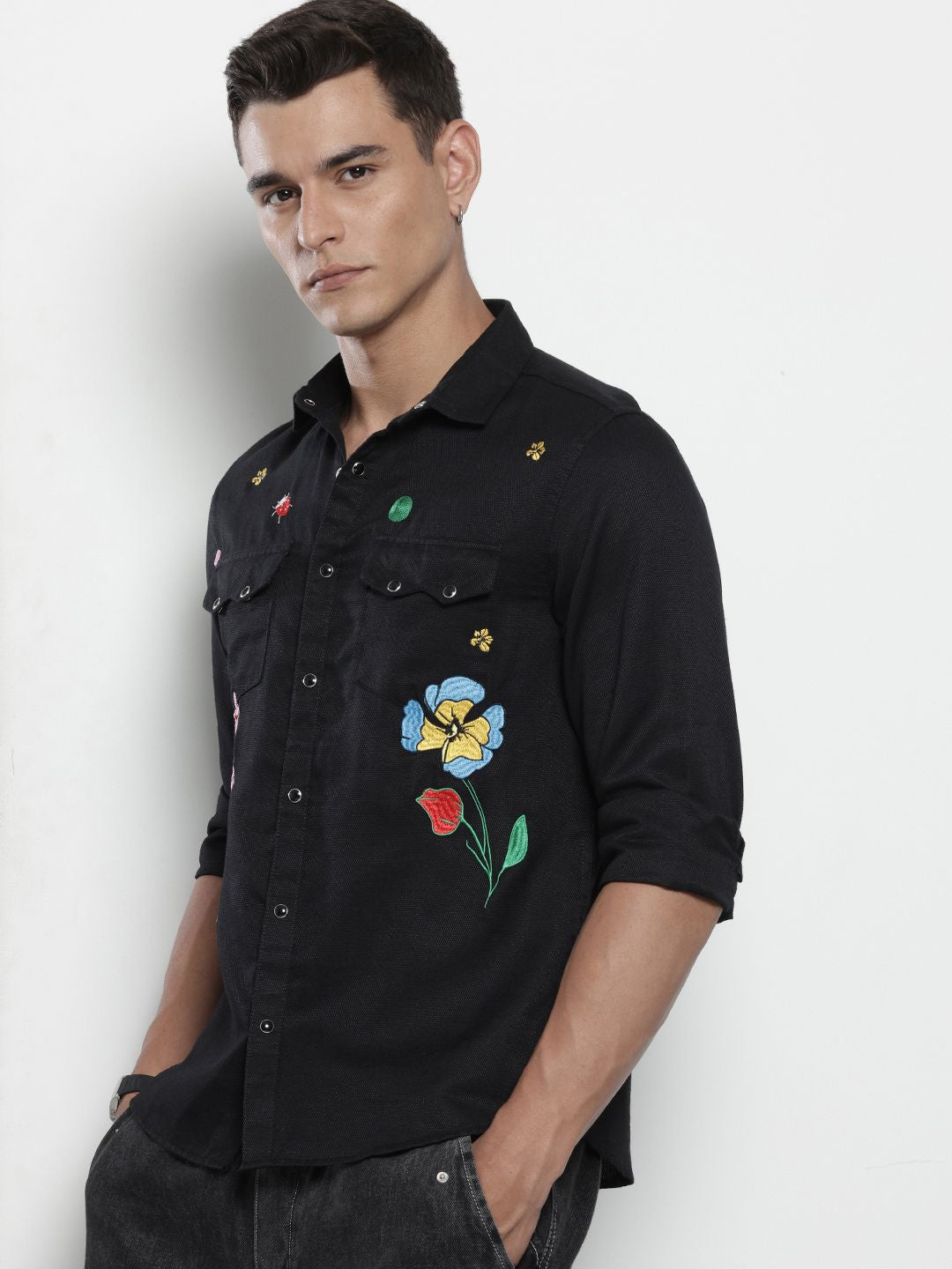Men's Black Regular Fit Floral Printed Resort Wear Shirt