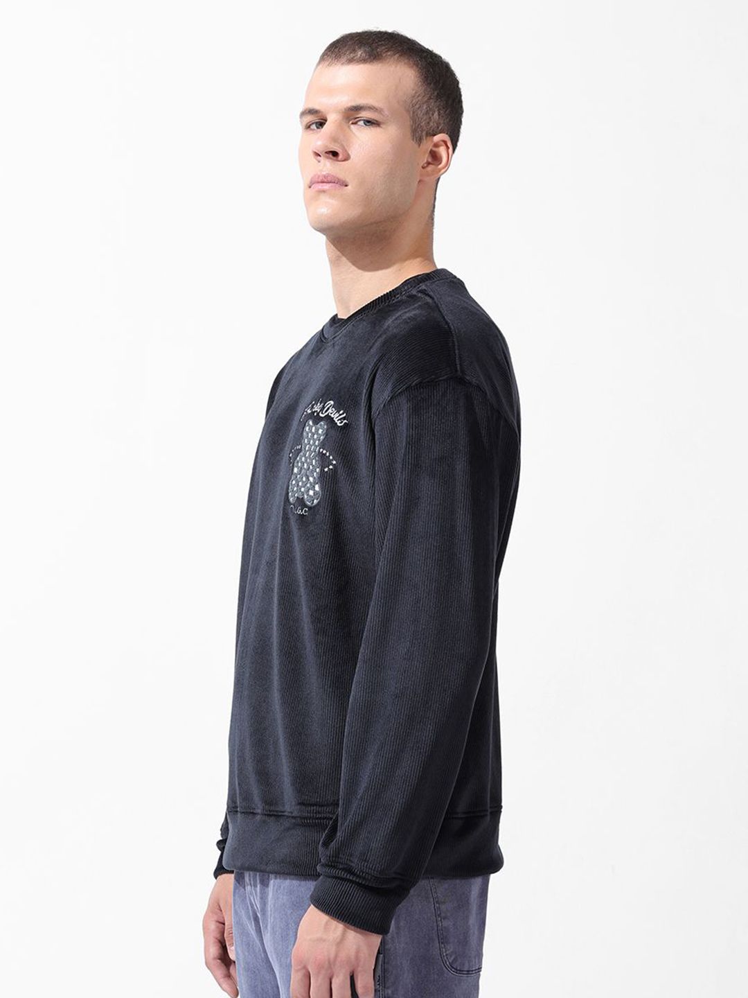 Men's Black Oversized Fit Textured Casual Sweatshirt