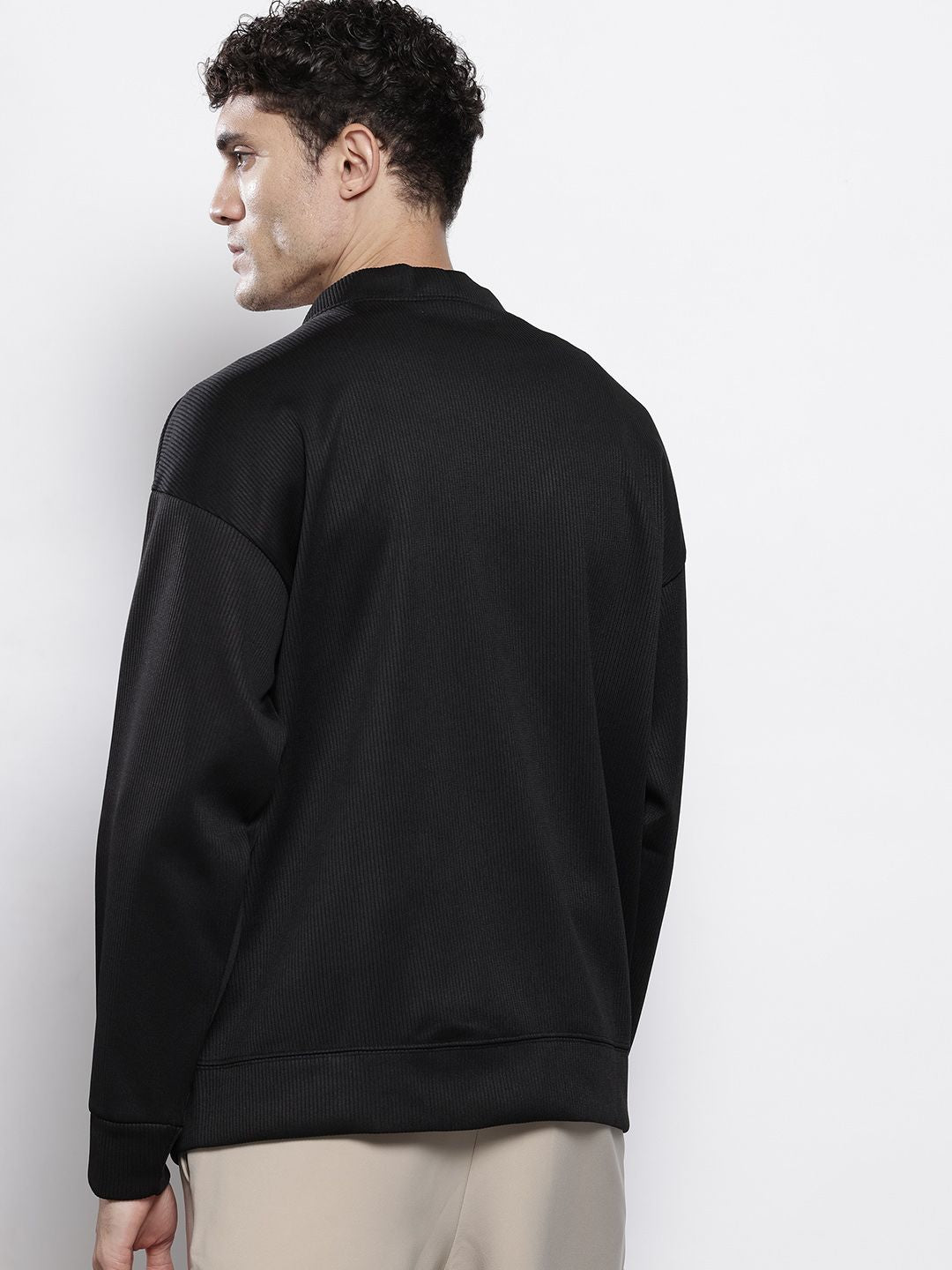 Men's Black Oversized Fit Textured Casual Sweatshirt