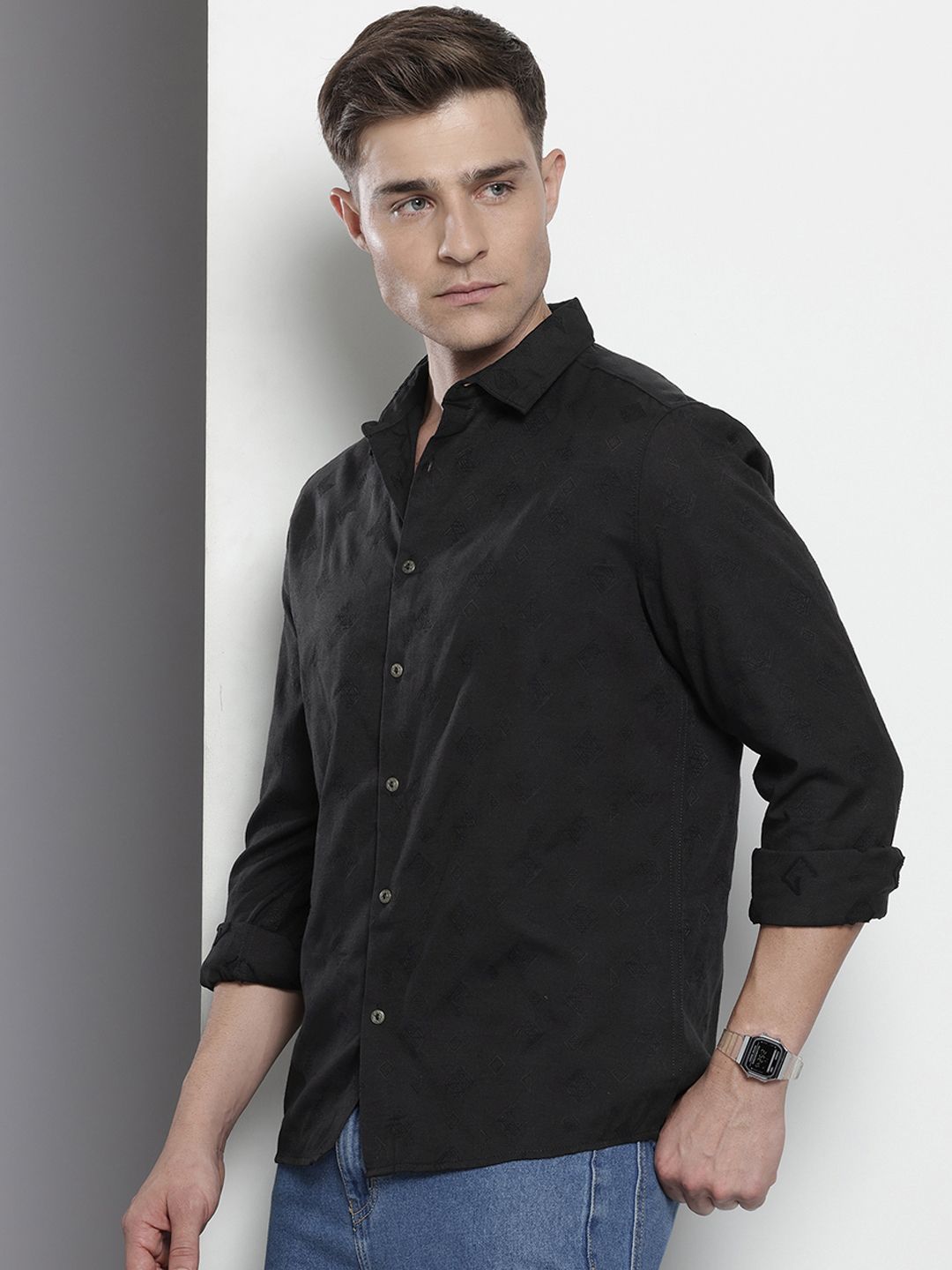 Men's Black Regular Fit Textured Textured Shirt