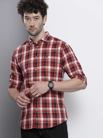 Men's Red Slim Fit Checkered Casual Shirt