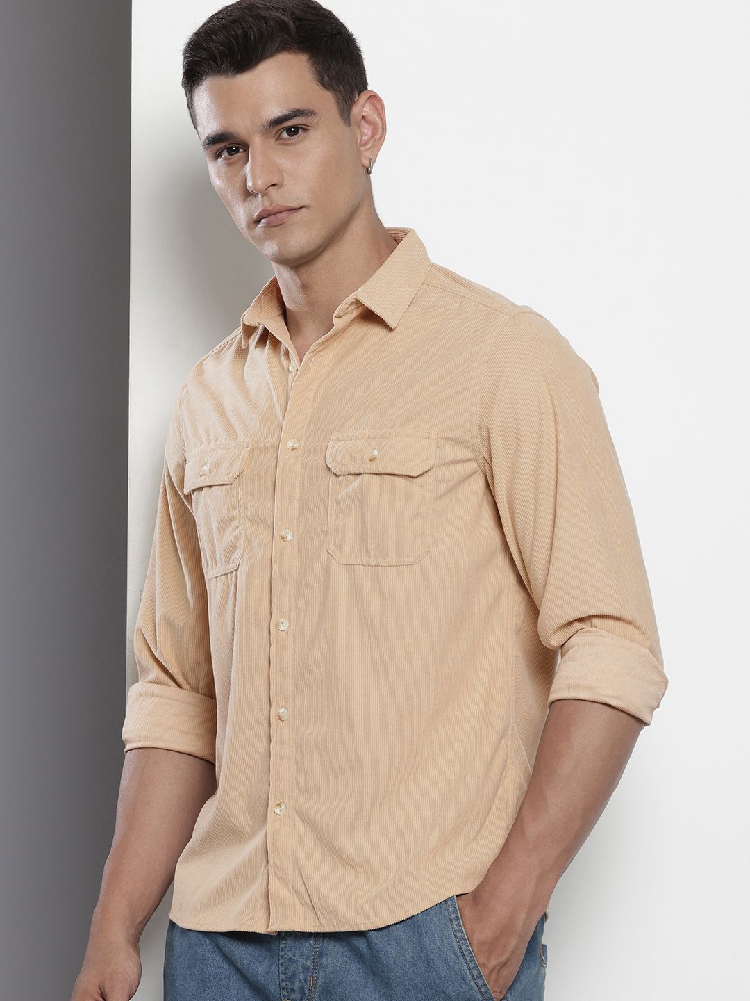 Men's Beige Regular Fit Solid Casual Shirt