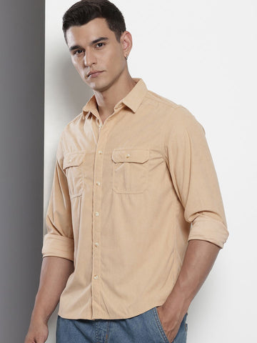 Men's Beige Regular Fit Solid Casual Shirt