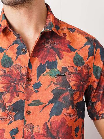 Men's Orange Slim Fit Printed Casual Shirt
