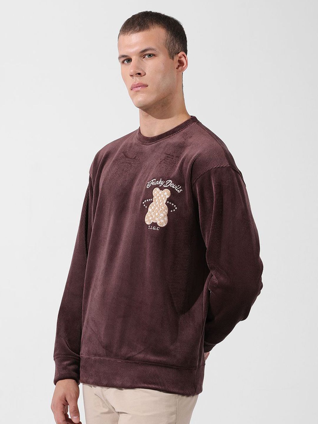 Men's Brown Oversized Fit Textured Casual Sweatshirt