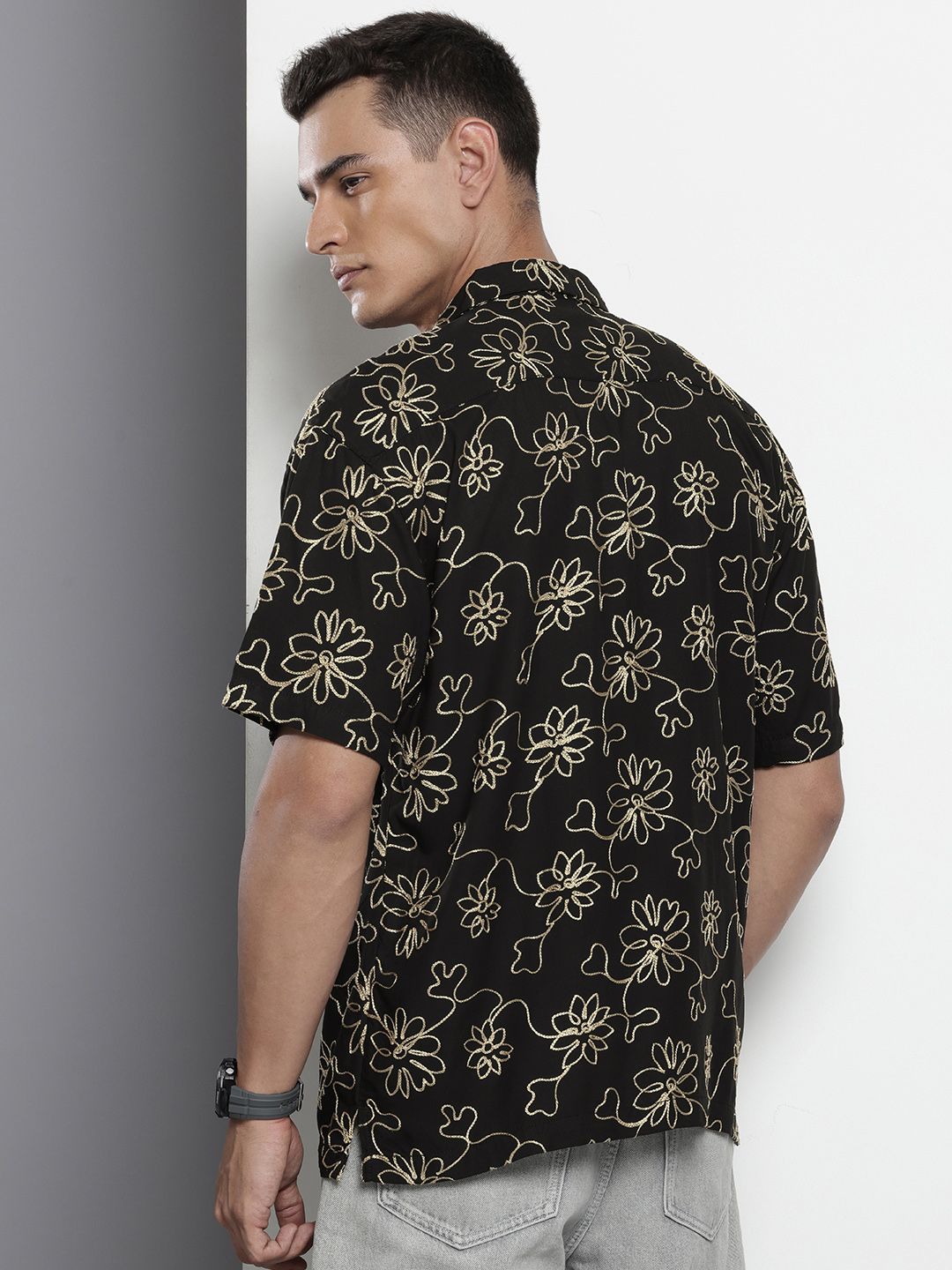 Men's Black Relaxed Fit Textured Resort Wear Shirt