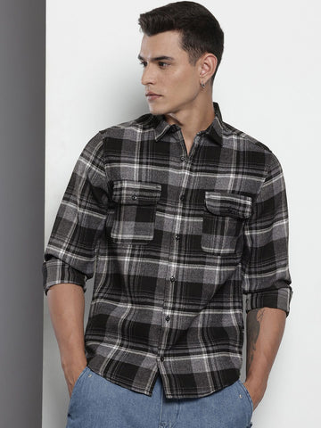 Men's Black Slim Fit Checked Casual Shirt