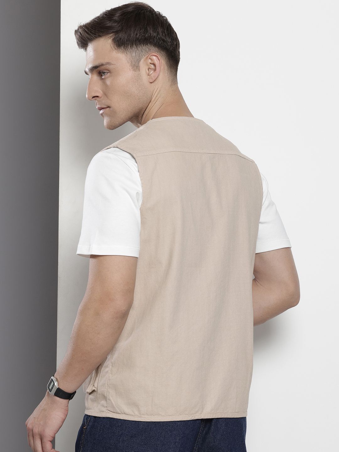 Men's Khaki Regular Fit Solid Utility Jacket