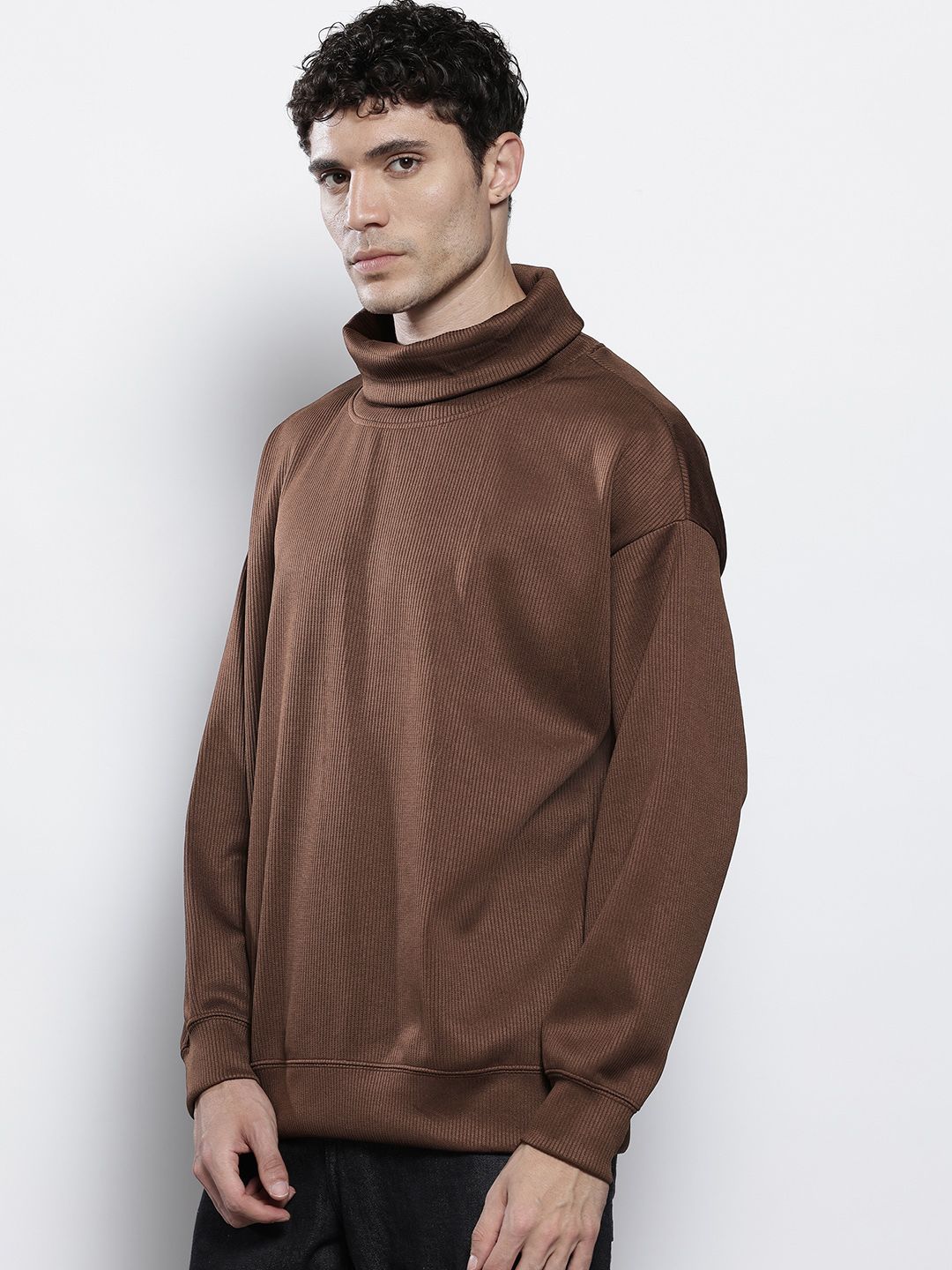 Men's Brown Relaxed Fit Textured Casual Sweatshirt