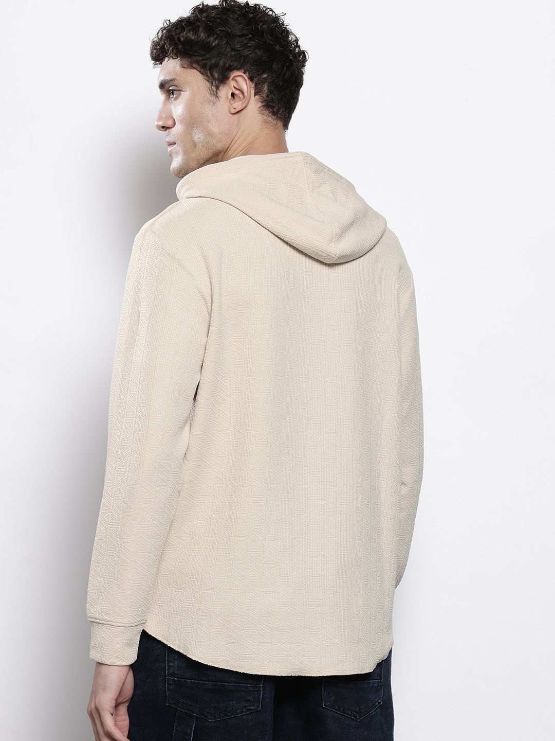 Men's White Regular Fit Textured Hooded T-Shirt