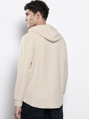 Men's White Regular Fit Textured Hooded T-Shirt