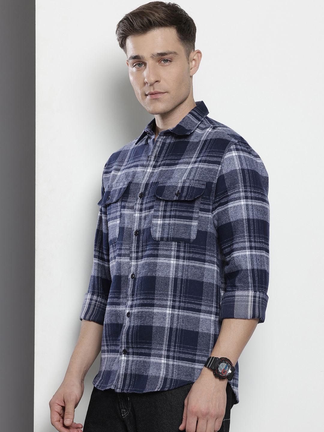 Men's Blue Slim Fit Checked Casual Shirt