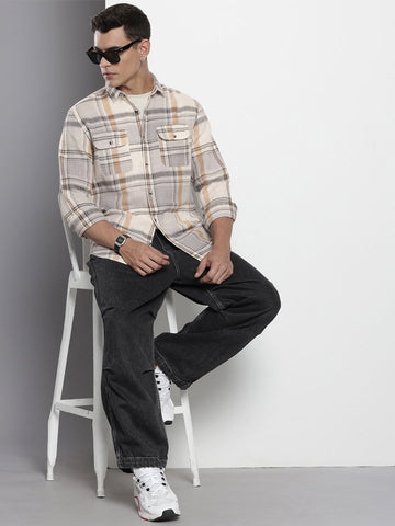 Men's Grey Regular Fit Checked Casual Shirt