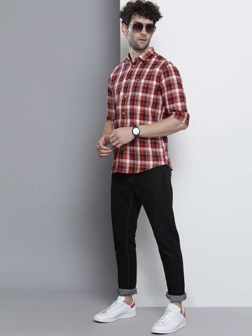 Men's Red Slim Fit Checkered Casual Shirt